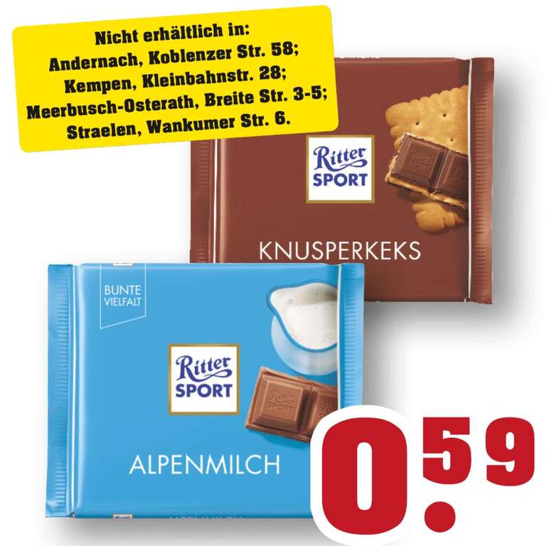 [Trinkgut Lokal] Ritter Sport Schokolade 100 Gramm Tafel verschiedene Sorten 0,59 €