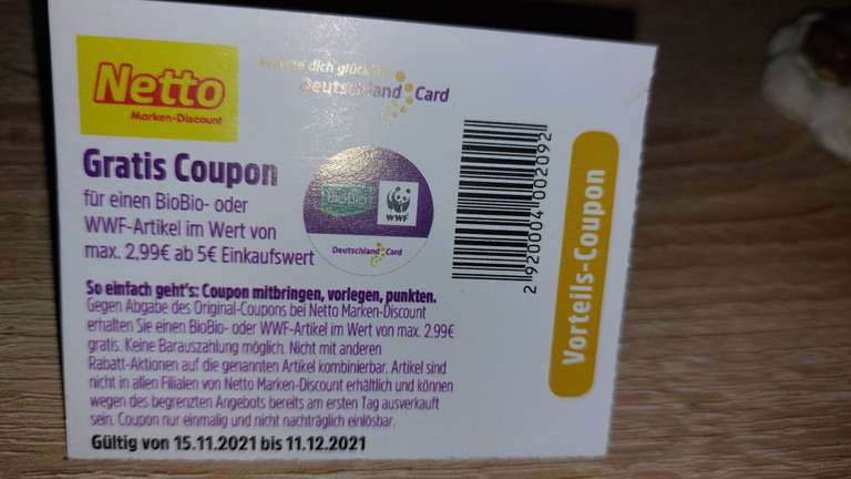 Netto MD Gratis Coupon Bio Bio oder wwf Artikel für max 2,99€ ab 5€ Einkaufswert