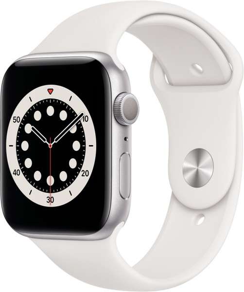 Apple Watch Series 6 (44mm) GPS mit Sportarmband silber/weiß für 344€ inkl. Versandkosten