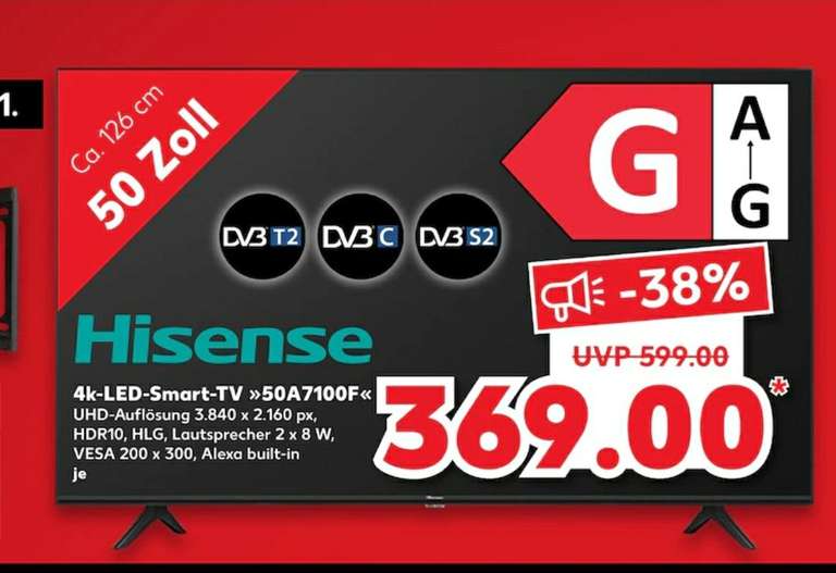 (Kaufland Lokal) HISENSE 50A7100F LED TV (Flat, 50 Zoll / 126 cm, UHD 4K, SMART TV, VIDAA U3.0)