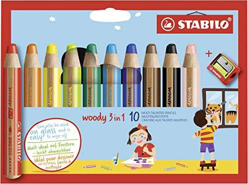 Buntstift, Wasserfarbe & Wachsmalkreide - STABILO woody 3 in 1 - 10er Pack mit Spitzer - mit 10 verschiedenen Farben - Prime Versand