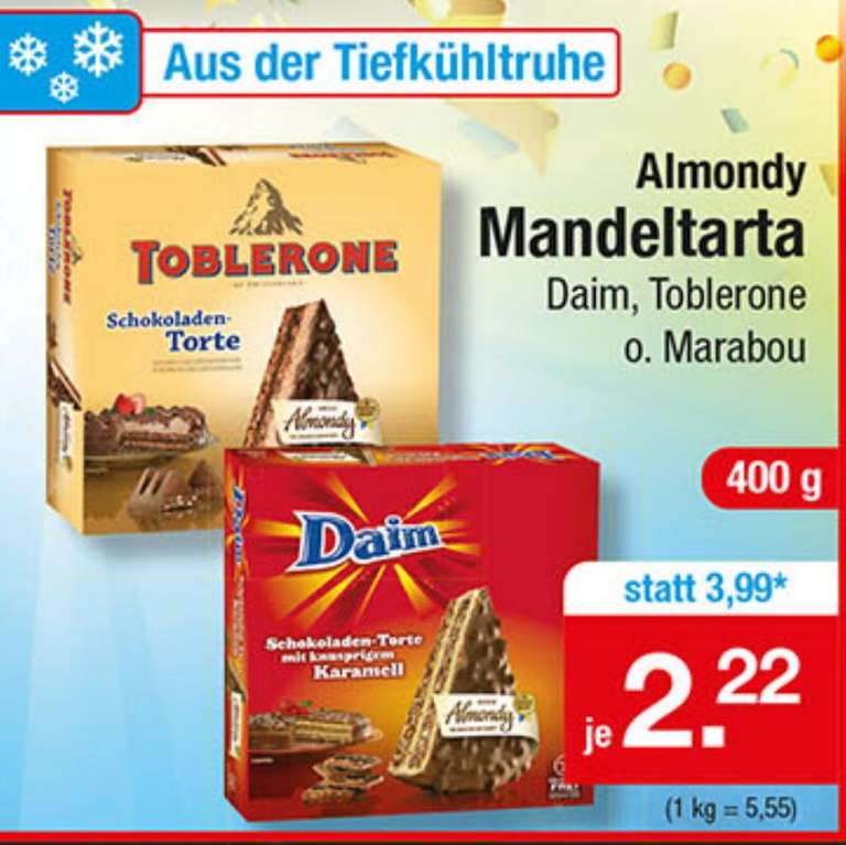 Almondy Tiefkühl-Tårta 400g Mandeltorte Daim, Toblerone oder Marabou (5,55€/kg)