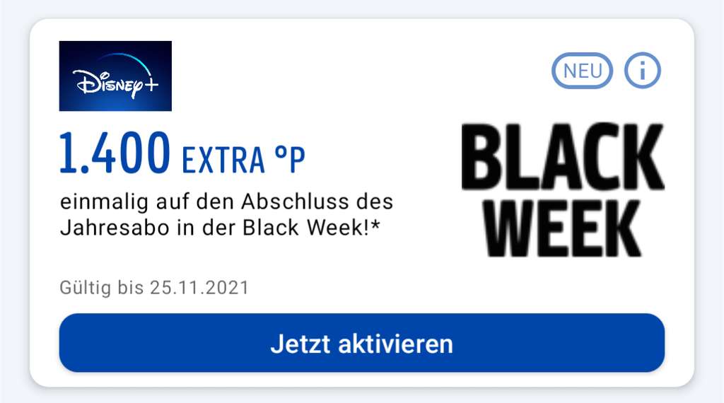 [PAYBACK - BLACK WEEK] Disney+ Jahresabo für effektiv 73,49 € durch 1.400 Extrapunkte + 250 Basispunkte, also 16,50 € Rabatt!