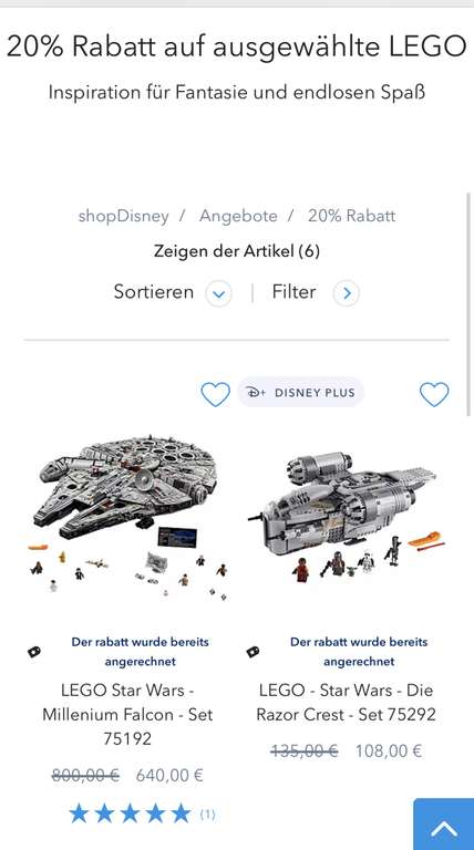 20% Rabatt auf LEGO-Sets im DisneyStore, z.B. LEGO Star Wars - Millenium Falcon - Set 75192