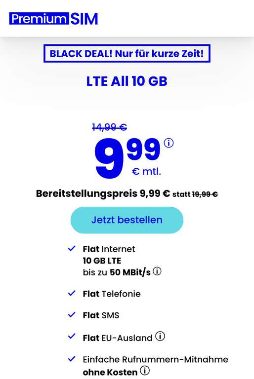 PremiumSIM LTE 10GB für 9,99€ mtl. + Allnet-Flat - monatlich kündbar
