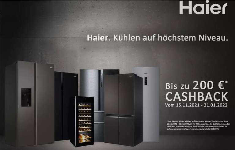 Haier Aktion / bis zu 200€ Cashback auf verschiedene Kühl-/Gefrierkombinationen / Gefriergeräte / Weinklimaschränke / bis 31.01.2022