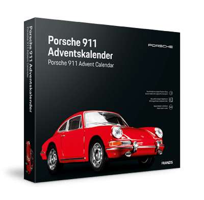FRANZIS Porsche 911 Adventskalender 2021 rot (Fahrzeugbausatz 1:43, Kunststoffpodest mit integriertem Soundmodul)