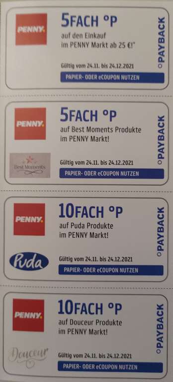 Payback Penny Coupons 5fach auf den Einkauf ab 25€, 5fach auf Best Moments Produkte, 10fach auf Puda Produkte, 10 Fach auf Douceur Produkte