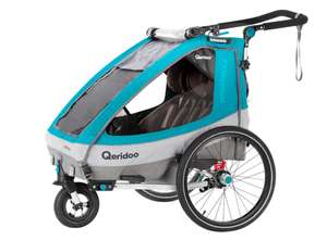 Qeridoo 'Sportrex2' Fahrradanhänger, Petrol ( 2-Sitzer, inkl. luftbereiftes Buggyrad, Max.60 kg, 3-in-1-Verdeck, 5-Punkt-Sicherheitsgurt )