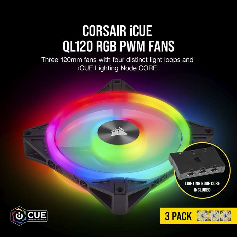 iCUE QL120 RGB 120-mm-PWM-Lüfter in schwarz 3er-Pack mit Lighting Node CORE