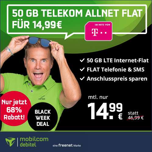 [SIM-Only] mobilcom-debitel 50GB Telekom Green LTE + VoLTE & WLAN Call + e-sim für 14,99€ im Monat + 0€ AG