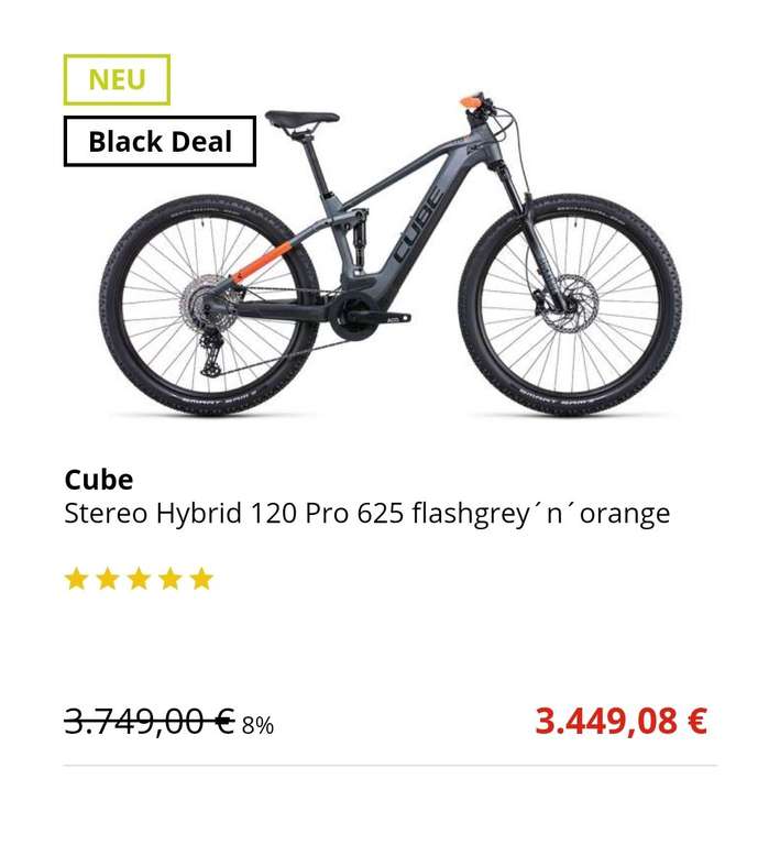 Black Friday 8% auf Cube, ausgewählte Cube E-Bikes/Fahrrad, z.B. Cube Stereo Hybrid 120 Pro 625