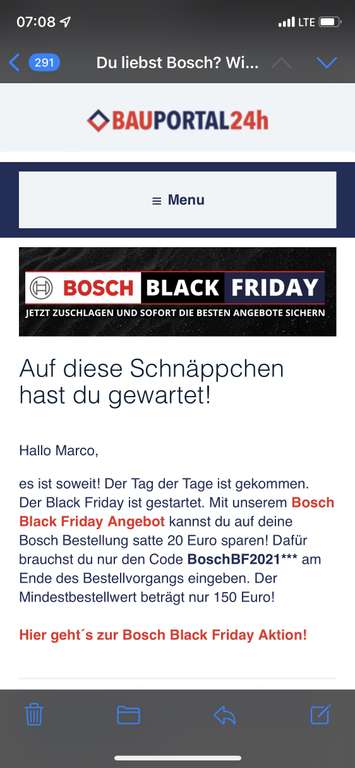 20 Euro Rabatt auf alle Bosch Produkte bei Bauportal24h.de ab 150 Euro Brutto