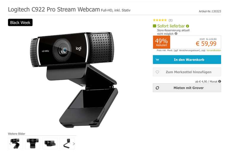 Logitech C922 Pro Stream Webcam Full-HD, inkl. Stativ
