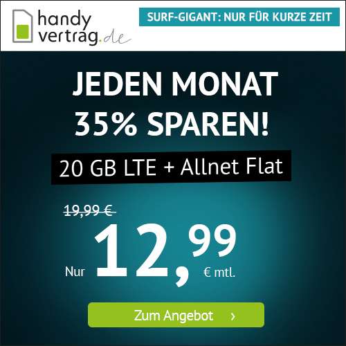 [mtl. kündbar] 20 GB LTE Handyvertrag.de Tarif für mtl. 12,99€ inkl. Allnet- & SMS-Flat + 9,99€ AG (Telefonica-Netz, VoLTE, WLAN Call)