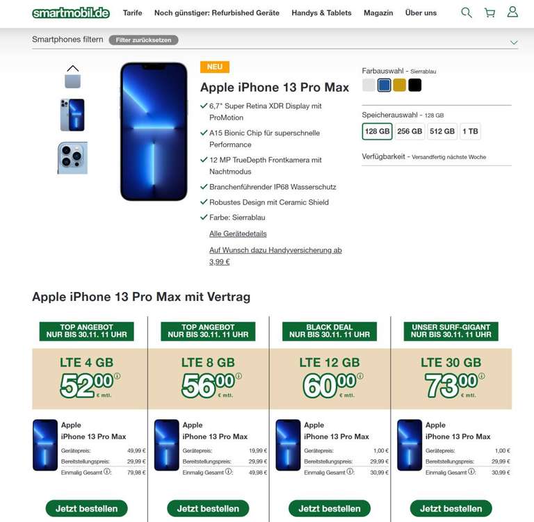 iPhone 13 Pro Max 128GB Smartmobil im O2 Netz (8GB 4G, Allnet/SMS) mtl. 56€ einm. 49,98€