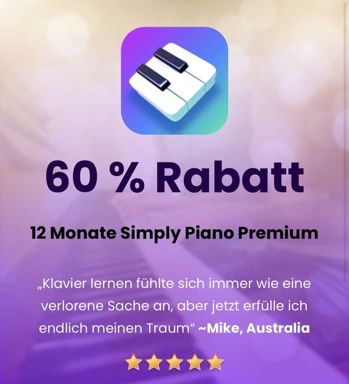 Simply Piano 60% (80€) auf das Jahresabo (personalisiert)