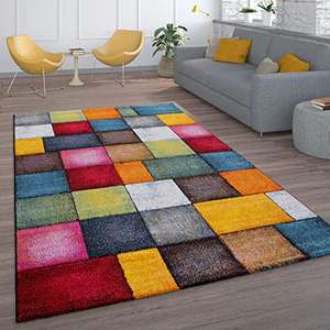 Paco Home Kurzflor Wohnzimmer Teppich Bunt Karo Design Vierecke Mehrfarbig Farbenfroh, Grösse:200x290 cm