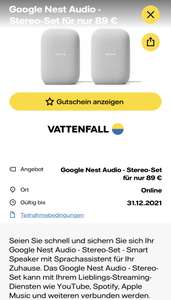[Vattenfall myHighlights App] TINK 2er Set Google Nest Audio für 89€ / 30€ TINK Neukunden