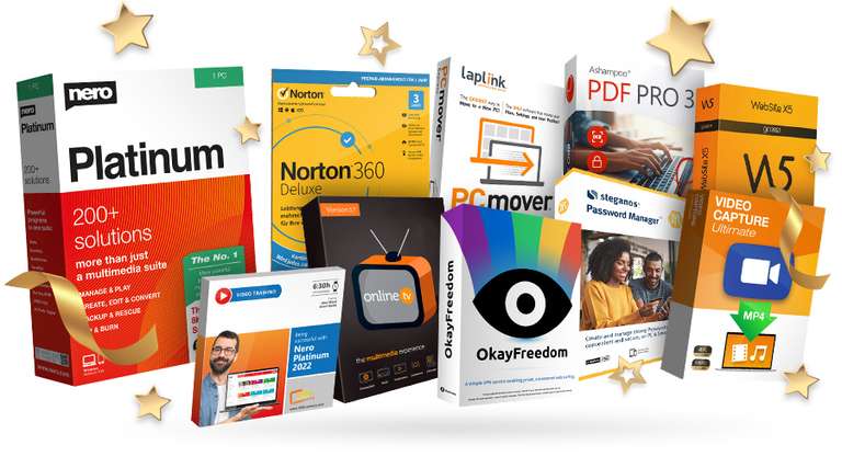 Software-Bundle: Nero Platinum Suite 2022, Norton360 Deluxe 2021, OnlineTV 17, Laplink PCmover Express, ...