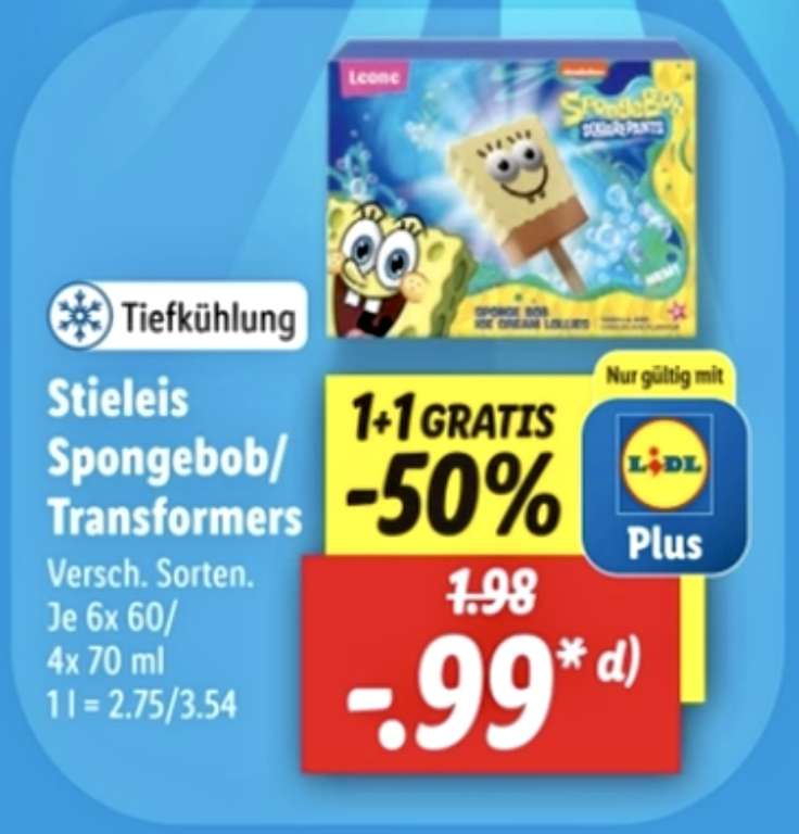 Lidl Plus: Stieleis Spongebob / Transformers 1+1 Gratis für 0,99€ / Alesto Selection Pekannusskerne 200g für 2,49€