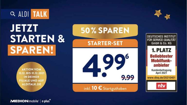 Aldi Talk Starter Paket Set inkl. 10 Euro Startguthaben für 4,99€ [Online & Aldi Süd]