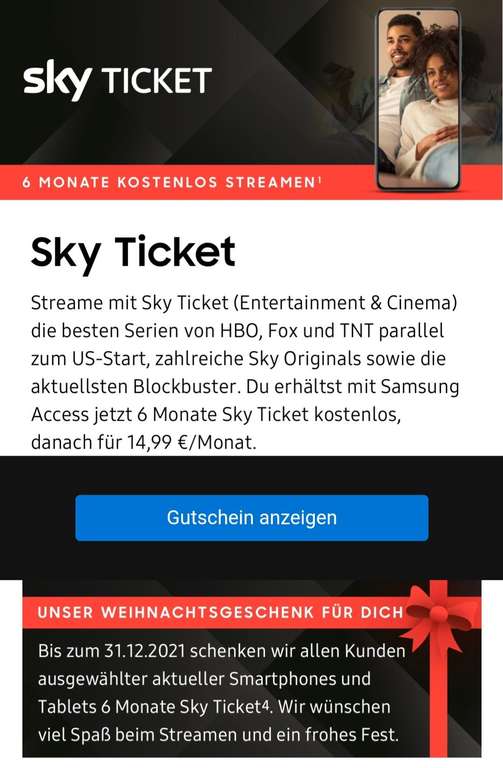 [Samsung Member App] Sky Ticket (Entertainment&Cinema) 6 Monate kostenlos (Neukunden) für bestimmte Geräte