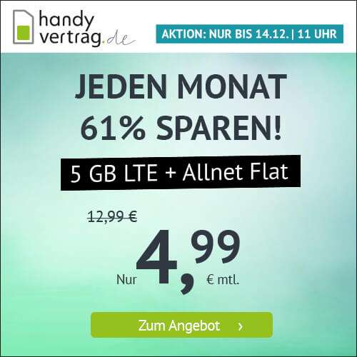 [handyvertrag.de SIM-Only] 5GB LTE Datenvolumen + Allnet-Flat für 4,99€ inkl. VoLTE, WLAN Call & EU-Roaming o. 2GB + Allnet für 3,99€