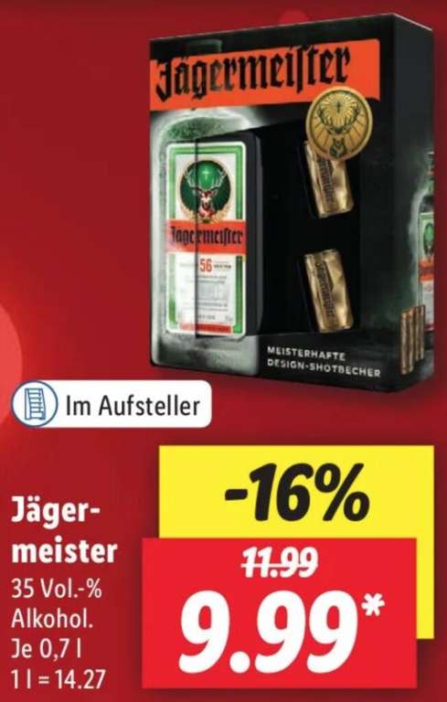 [Lidl] Jägermeister 0,7l + 2x goldene Metallbecher für 9,99€ ab 13.12.2021