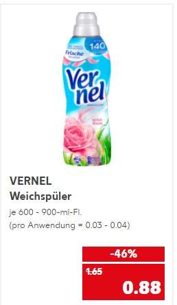 [Kaufland][nur lokal Mülheim an der Ruhr] Vernel Weichspüler versch. Sorten 600-900ml Flasche (24-36 Anwendungen) für 0,88€