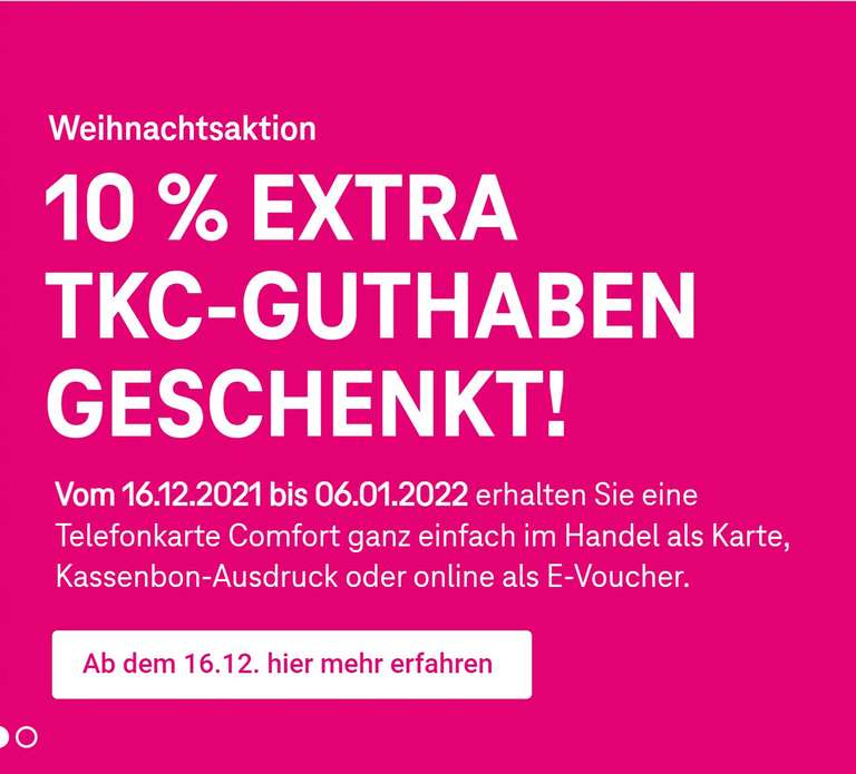 Weihnachtsaktion: TKC 10% Extra Guthaben auf Telekom Telefonkarte Comfort