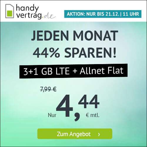 [handyvertrag.de SIM-Only] 4 GB LTE Datenvolumen + Allnet-Flat für 4,44€ inkl. VoLTE, WLAN Call & EU-Roaming o. 7GB + Allnet für 7,77€