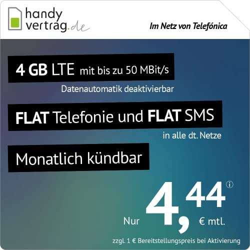 Amazon: Drillisch 4GB Allnet für 4,44€/M (1 Monat Kündigungsfrist) + 9,99€ AG im Telefonica Netz