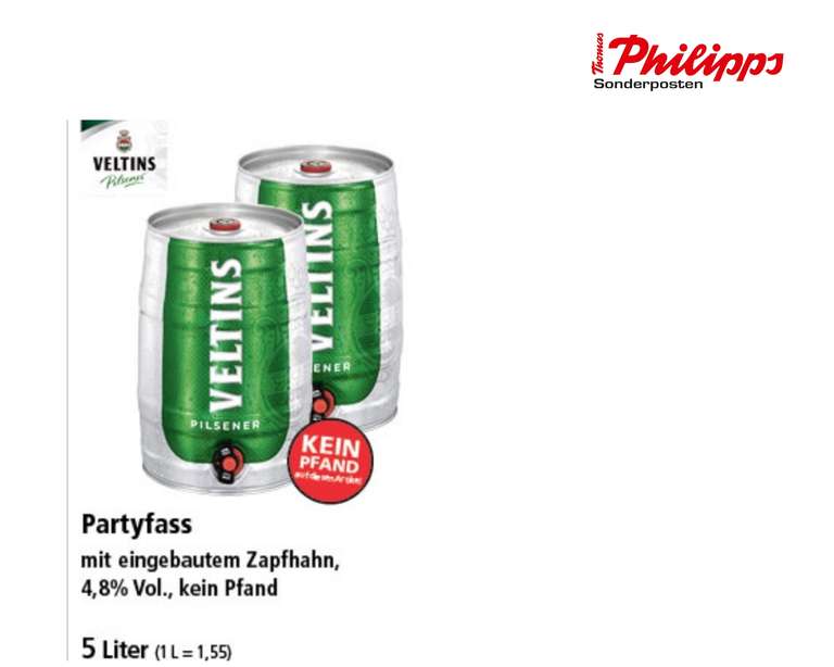 (Thomas Philipps) Veltins Pilsener, Partyfass inkl. Zapfhan, 2x 5L.