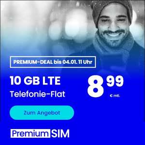 [Telefonica SIM-Only] PremiumSIM 10GB LTE und Telefon-Flat mit VoLTE und WLAN für mtl. 8,99€ + 19,99€ AG