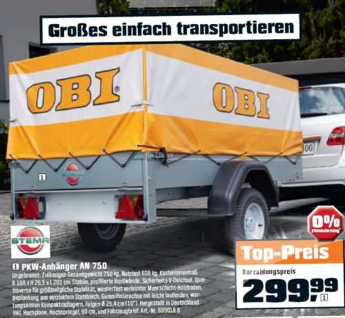 PKW Anhänger mit Plane und Spriegel für 299,99 Euro bei OBI Erfurt Süd