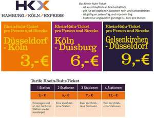 [Bahn] HKX (Hamburg-Köln-Express) bietet neues "Rhein-Ruhr-Ticket" an. Bsp.: Köln - Düsseldorf 3€, Köln - Essen 9€, Düsseldorf - Gelsenkirchen 9€, Duisburg - Köln 6€. - Angebot sogar günstiger als mit dem subventionierten Nahverkehr!