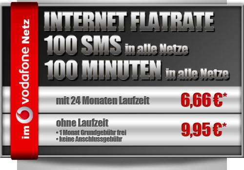 Vodafone Vertrag (Telco) mit Internet-Flatrate, 100 Minuten und 100 SMS für 6,66€ + 25€ Anschlusspreis