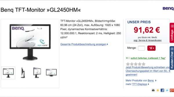 Benq 24 Zoll TFT-Monitor GL2450HM @ Otto Office für 93,44 € (Idealo 137,95 €)