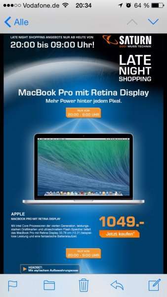 Macbook Pro 13" mit Retina MGX72D/A (aktuelles Modell) für 1049€ @Saturn LateNight