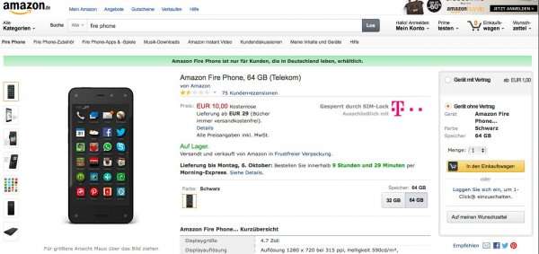 Fire Phone ohne Vertrag bei Amazon für 10€ mit Prime