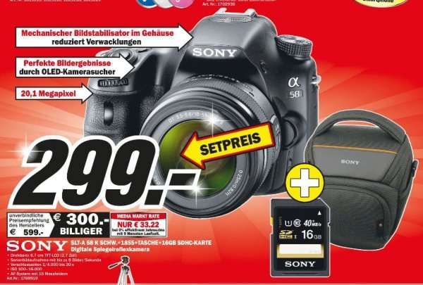 (Lokal)Sony Alpha SLT-A58K Kit 18-55mm+Sony LCS-AMB  Kameratasche+16 GB SDHC Class 10 für 299,-@MM Porta Westfalica