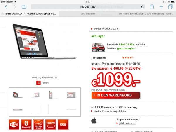MacBook pro Retina MGX82D/A 8GB Ram 256GB SSD für 1099€ @ redcoon