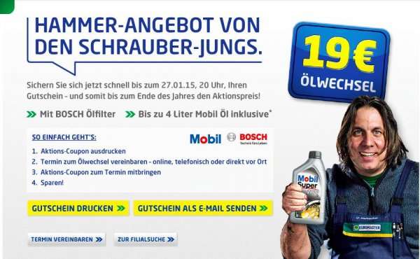 EUROMASTER: Ölwechsel inkl. 4 Liter Mobil Öl & Bosch Ölfilter  NUR 19,00 EURO