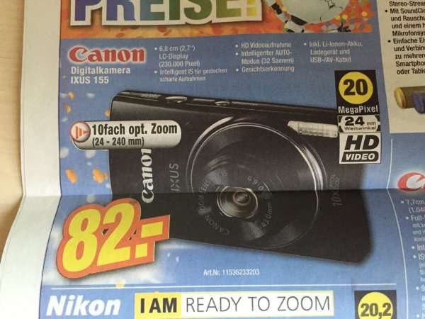 [EXPERT] (Lokal) Canon IXUS 155 Schwarz - 20 Megapixel und op­ti­schem 10-fach Zoom - schwarz! 82€