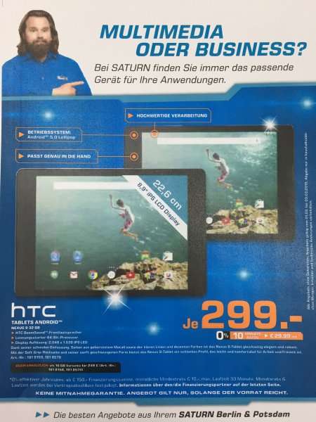 (Lokal) Saturn Berlin & Potsdam HTC Nexus 9 WiFi 16GB für 249€ & 32GB für 299€