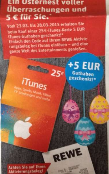 [REWE] 5€ iTunes Guthaben geschenkt beim Kauf einer 25€ iTunes Karte
