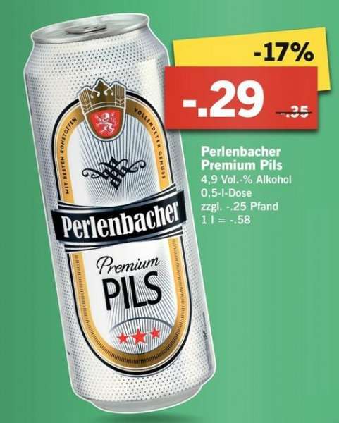 [Lidl] 0,5l Perlenbacher Premium Pils NUR 0,29€ ab 16.04.15