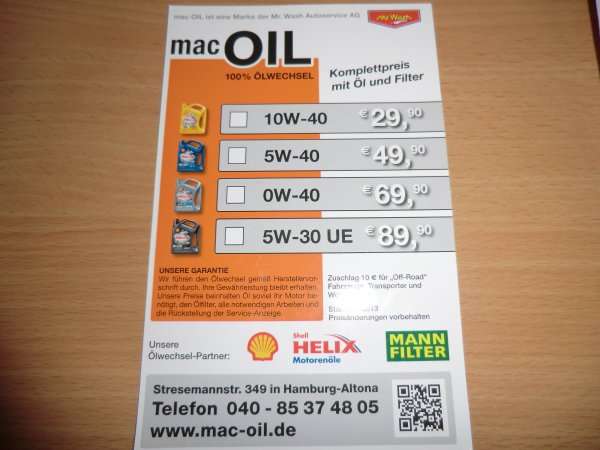 Ölwechsel mit Shell Helix und Ölfilter bei "mac OIL"(Mr. Wash)