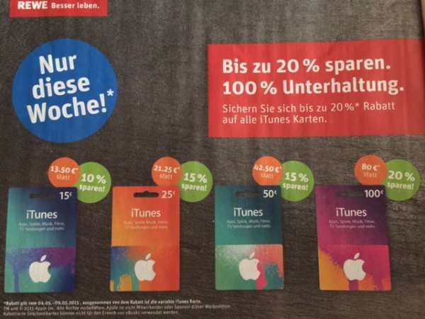 iTunes Guthaben mit bis zu 20% Rabatt in den REWE Filialen (04.-09.05.)